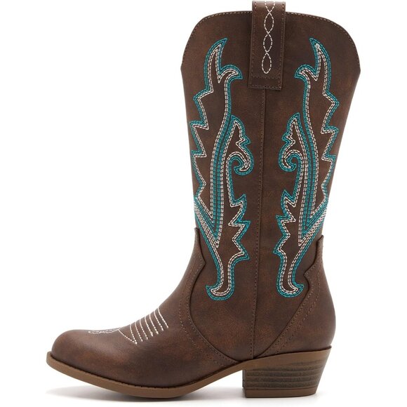 ⚡Girls Kids Brown Western Boots Embroidered Cowgirl Mid Calf Riding Shoes - Picture 2 of 7